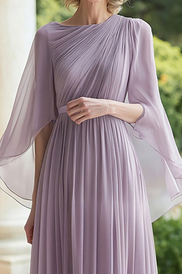 Lilac Pleated A Line Chiffon Mother of the Bride Dress with Sleeves